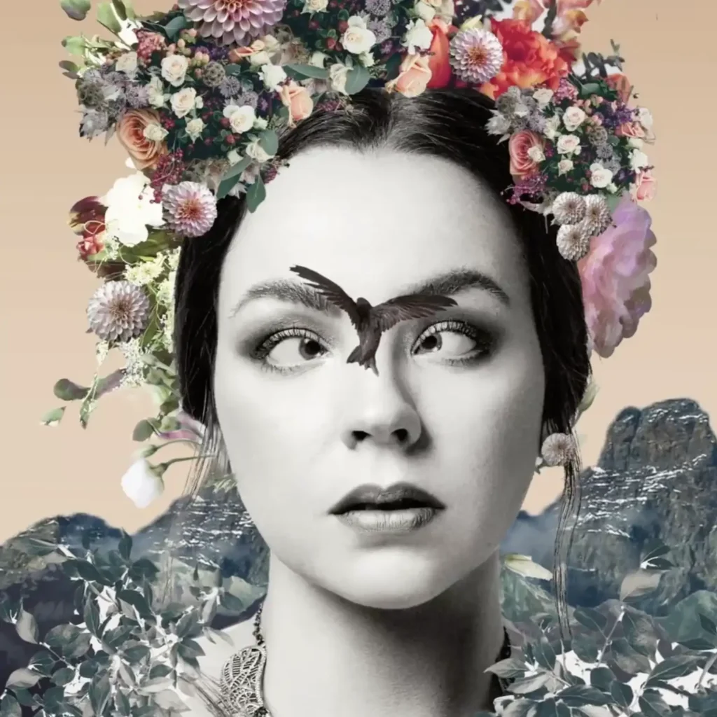 Kuva taiteellisesta videokollaasi naisesta ja visuaalisista elementeistä, Free the Kahlo